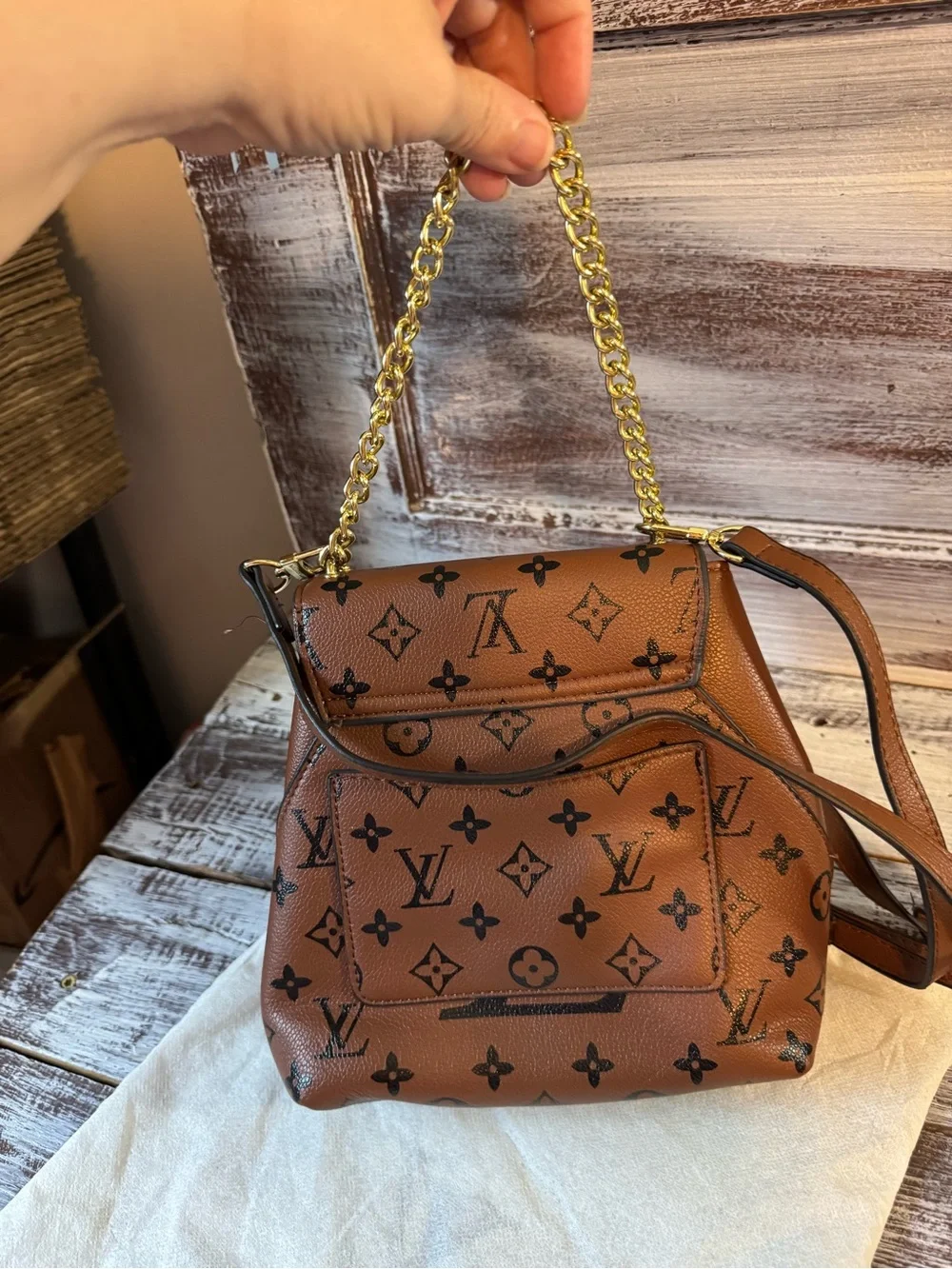 Brown Monogram Crossbody Bag with Gold Chain